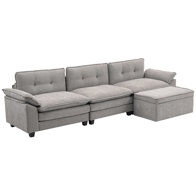 HOMCOM Divano Angolare Modulare con Chaise Longue, Pouf Contenitore e Rivestimento in Ciniglia, Grigio
