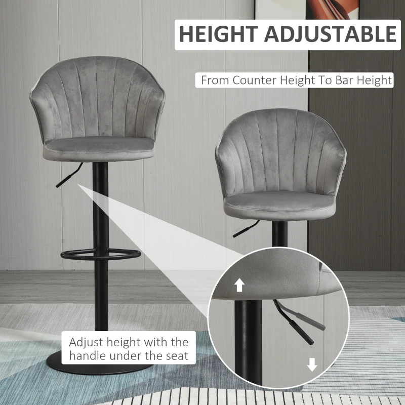 HOMCOM Bar Stool Set of 2 Adjustable Height Upholstered Swivel Counter Chairs with Backrest, Footrest, Grey