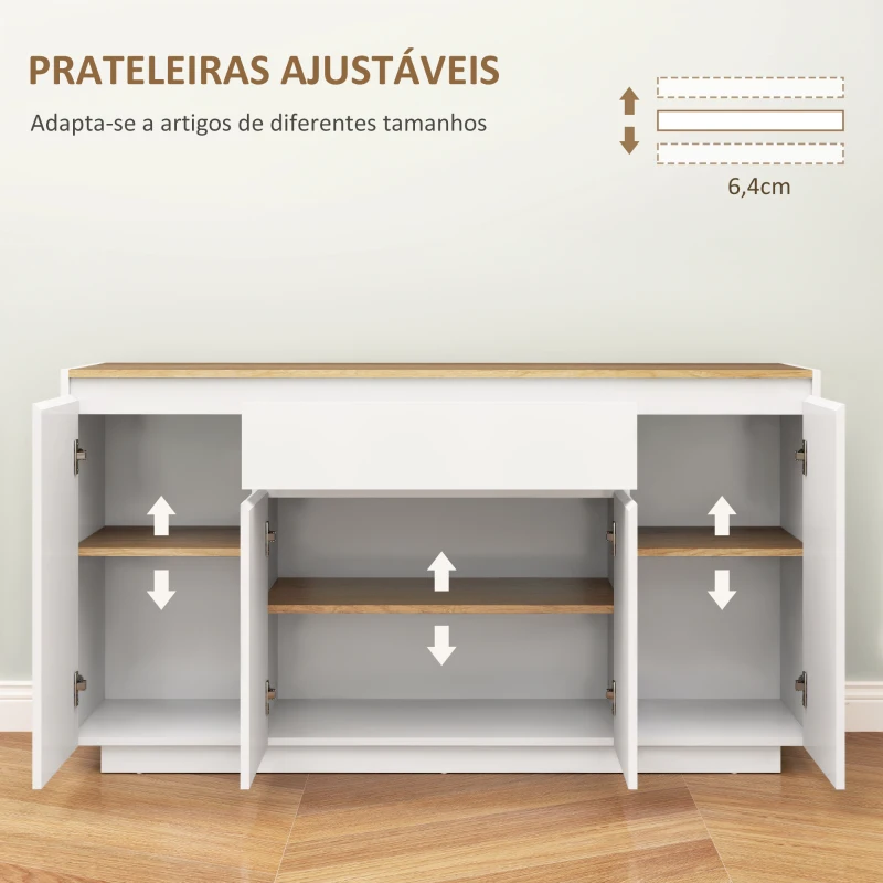 HOMCOM Aparador de Sala de Estar com 4 Portas Gaveta e Prateleiras Ajustáveis 140x40x75 cm Madeira e Branco Brilhante