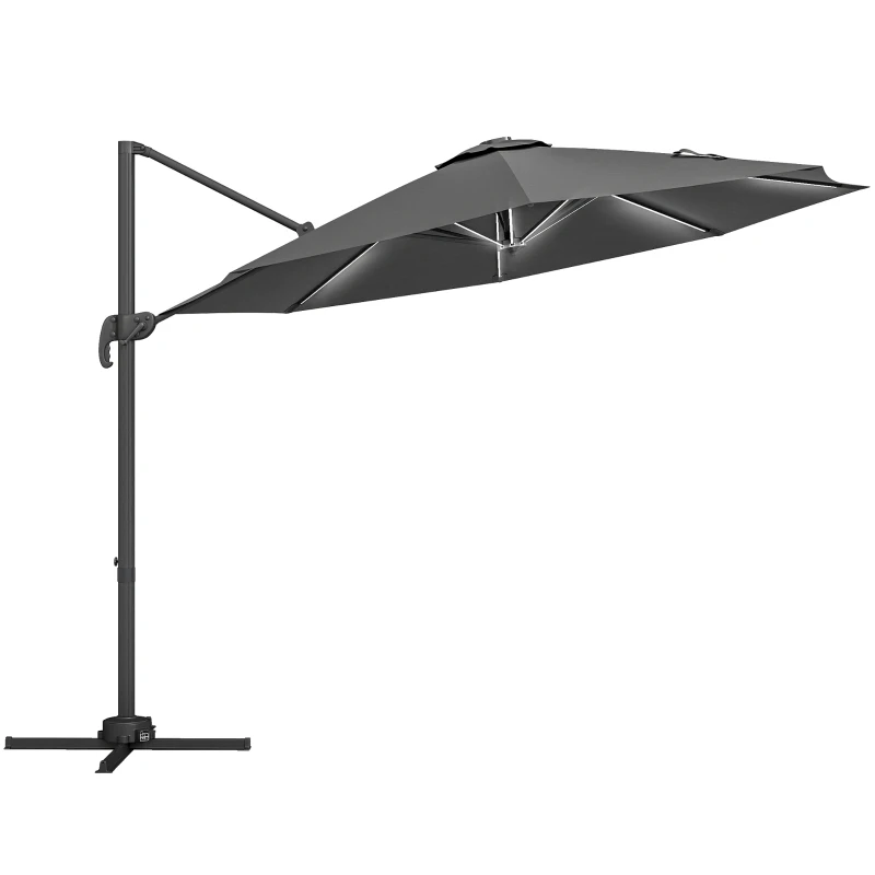 Outsunny Ombrellone a Braccio per Esterno con Luci a LED e Angolo Regolabile, in Alluminio e Poliestere Ø3x2.5 m, Grigio