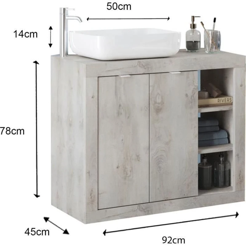 Meuble simple vasque - 2 Portes + 3 niches  - L 92 x P47 x H 90cm - effet chene pin clair