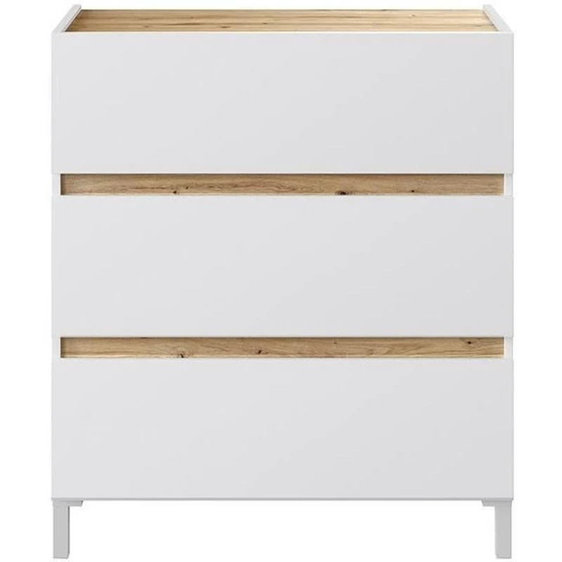Commode 3 tiroirs - Décor chene et blanc - Finition satinée - L79 x P41 x H90 cm - TEMPUS