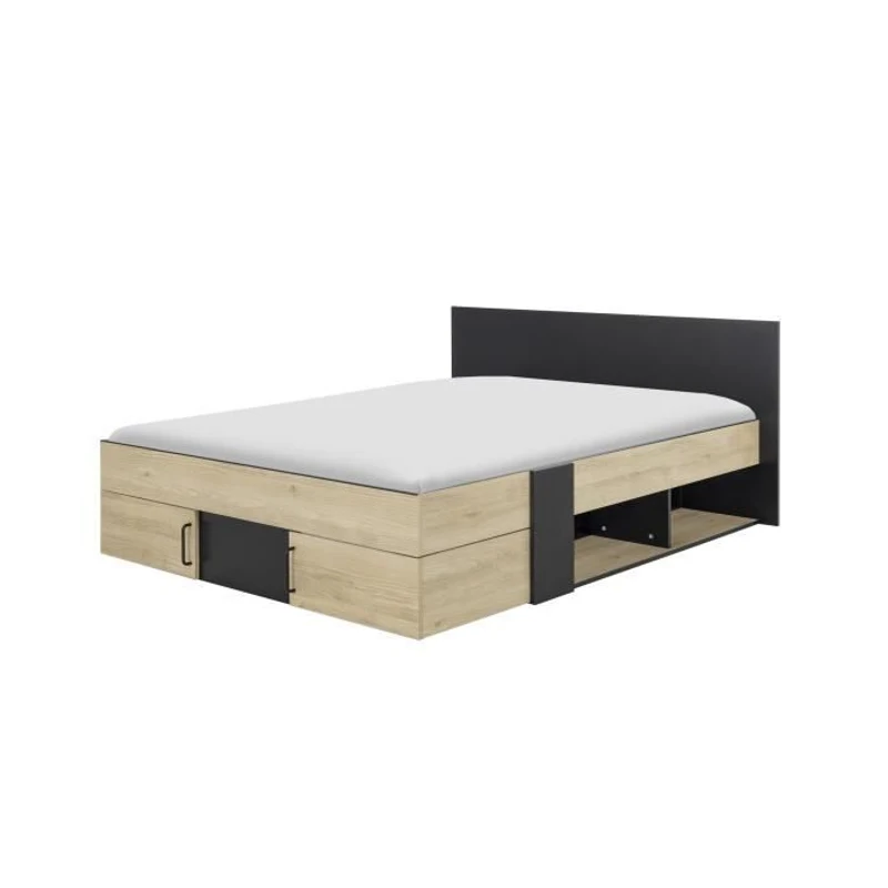 DIAGONE Lit adulte avec tiroirs de rangement  - Chataignier et noir - 140 x 190 - SWIVEL