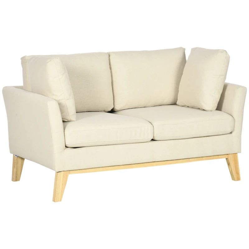 HOMCOM Divano da 2 Posti in Legno di Eucalipto e Tessuto Effetto Lino con 2 Cuscini, 137x78x78 cm, Beige
