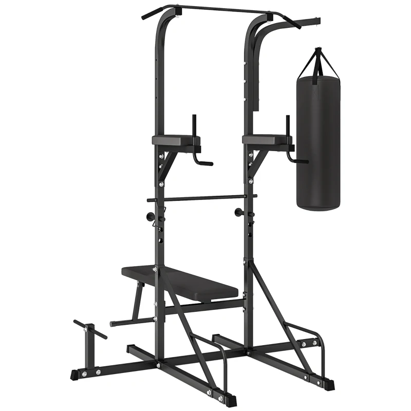 HOMCOM Station de musculation Fitness entrainement complet - barre de traction, à dips, banc de musculation pliable, poignées push-up, sac de frappe - acier noir