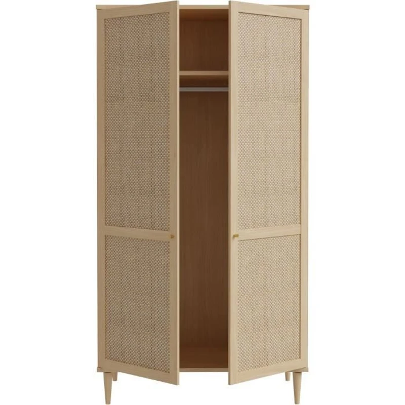 Armoire de chambre - 2 portes battantes - Décor Chene - Cannage - L110 x H208 x P54 cm - CALASETTA