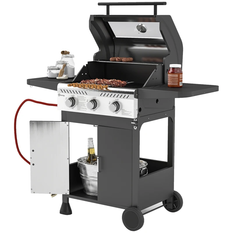 Outsunny 7.5kW Three-Burner Gas BBQ Grill, with See-Through Lid - Black