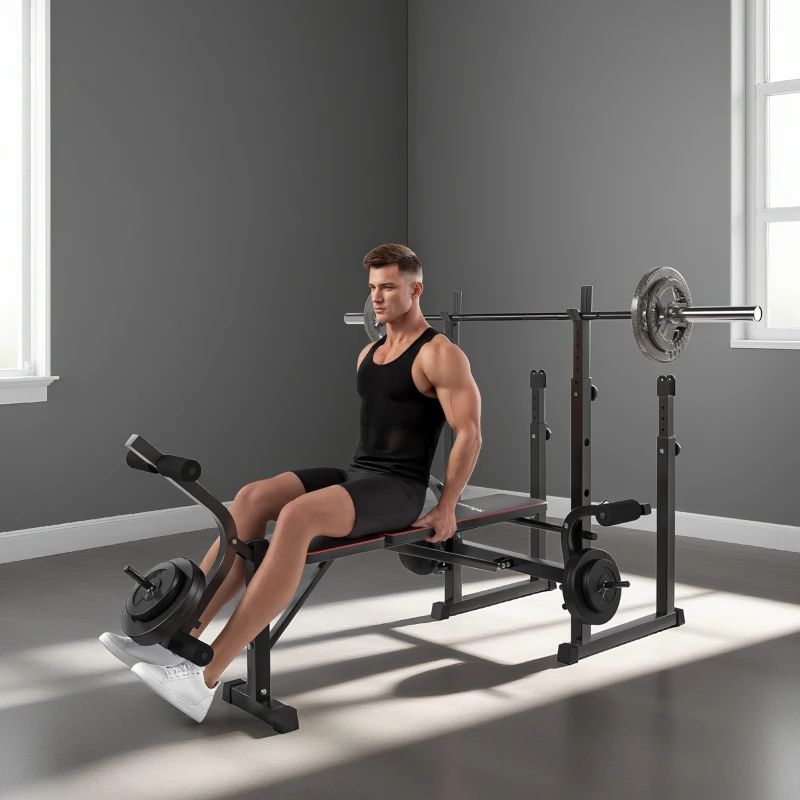 SPORTNOW Banco de Musculação Dobrável Banco Multifunções com Suportes para Barras e Encosto Ajustável para Treino Completo de Corpo Preto