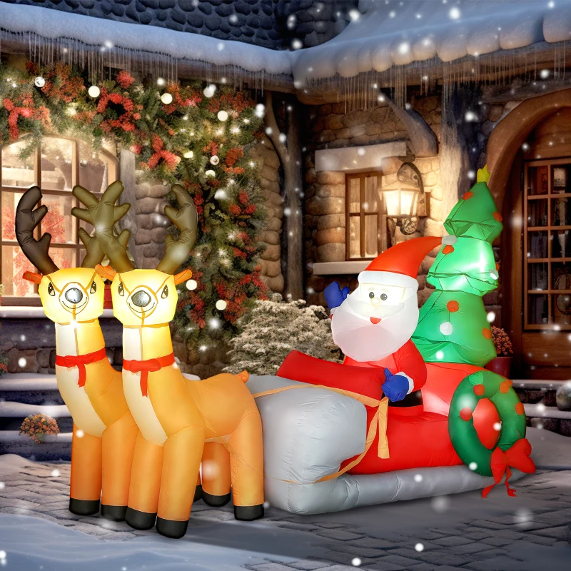 Outsunny Babbo Natale su slitta trainata da renne gonfiabile, in tessuto in poliestere, con luci LED, Multicolore