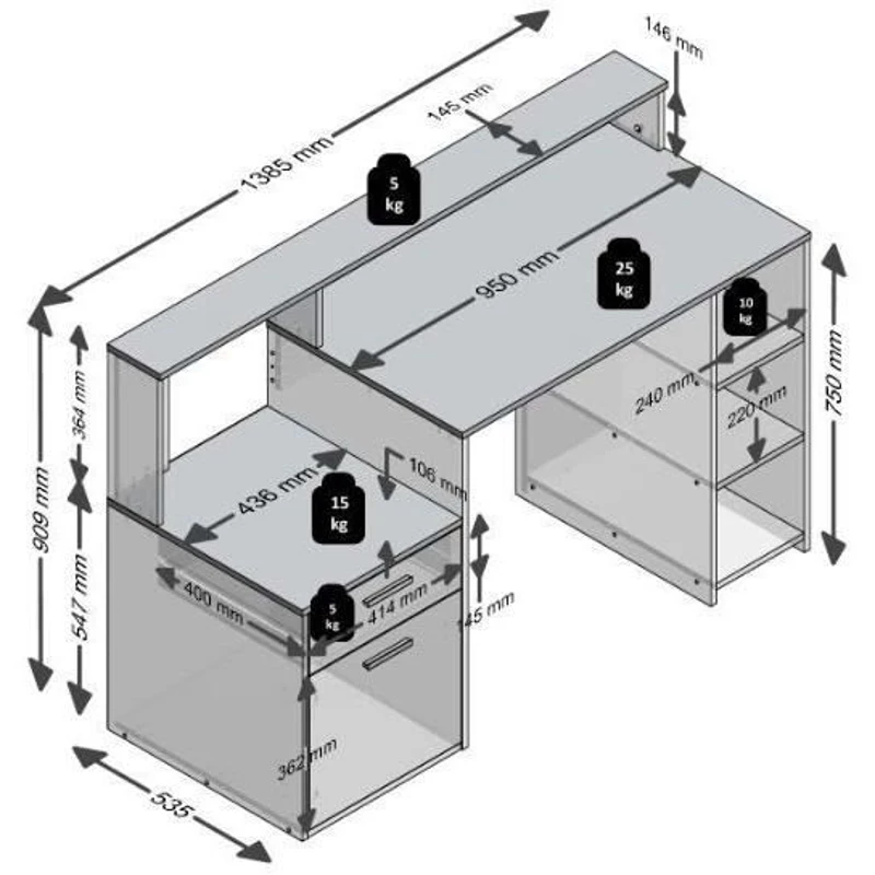 Bureau avec réhausse et rangements BOLTON - Mélamine blanc/gris béton - L138,5 x H91,6 x P53,5 cm