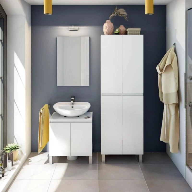 Meuble de salle de bain - double colonne - Blanc brillant - 4 portes - L60 x P35 x H182 cm - DESTAL