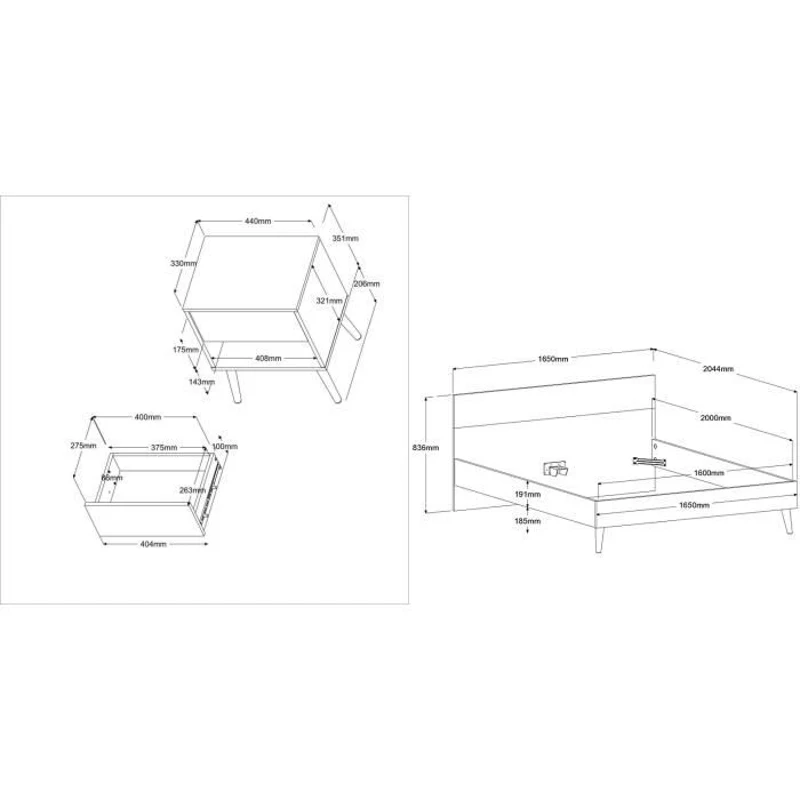 Ensemble Lit 160 x 200 cm + 2 chevets - AALBORG - Scandinave - Blanc / Chene - PARISOT