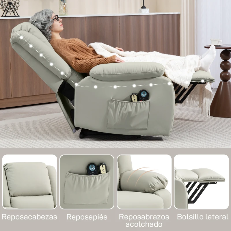 HOMCOM Sillón Levanta Personas Eléctrico con 8 Punto de Masaje Función Calentamiento 2 Controles Remotos y Bolsillo Gris Claro