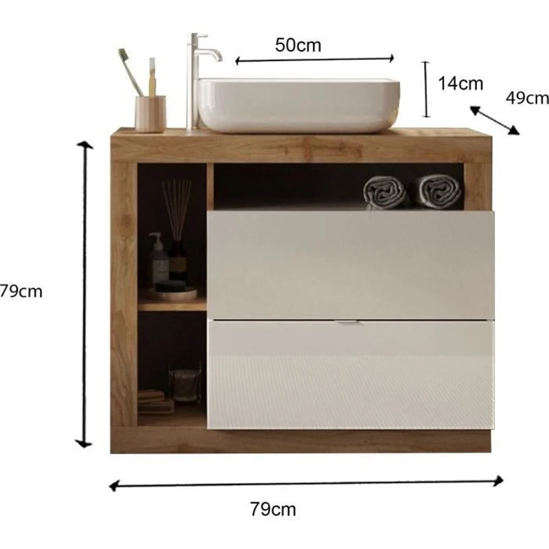 Ensemble meuble Salle de bain 78cm simple vasque + colonne - Coloris chene clair et laqué blanc - HAMBOURG