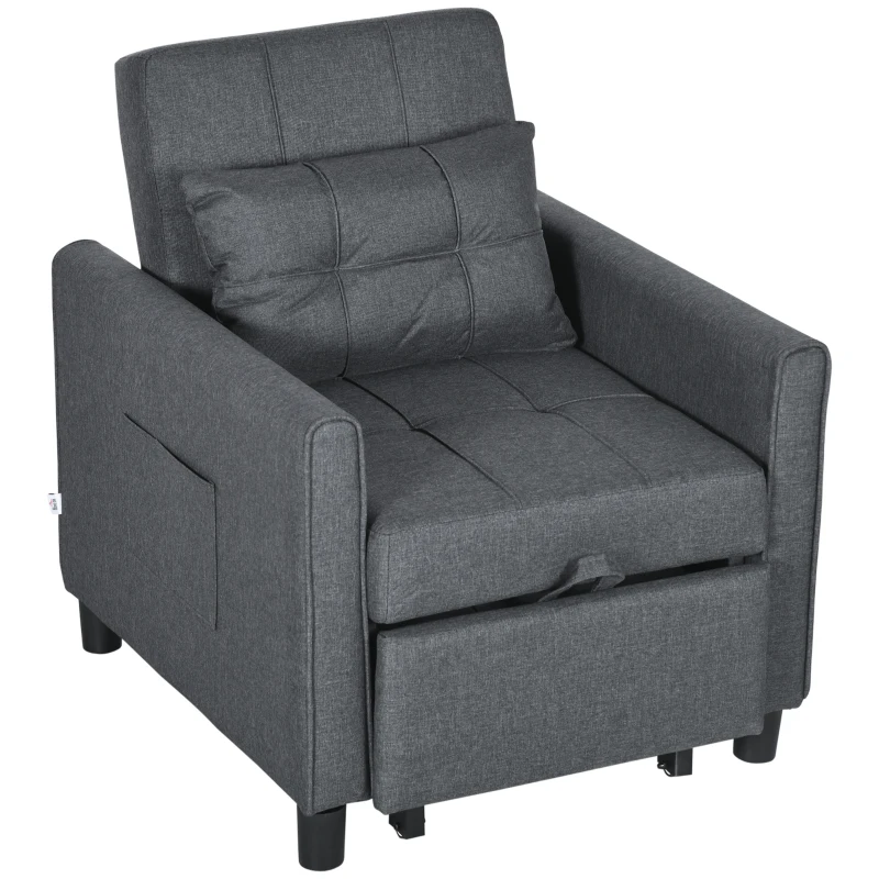 HOMCOM Fauteuil convertible 1 place 3 en 1 dossier réglable en 3 positions oreiller inclus 2 poches latérales 69x82x85cm gris