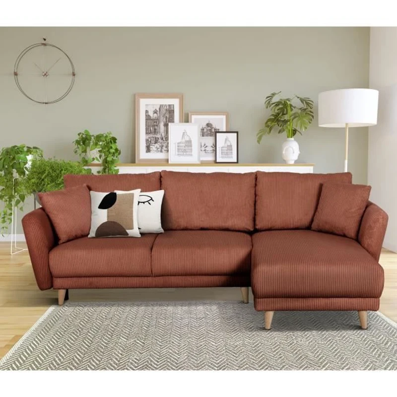 Canapé d'angle convertible réversible - 3 / 4 places - CLAUDIUS - Tissu Velours côtelé Terracotta - Coffre - 244 x 158 x 86 cm