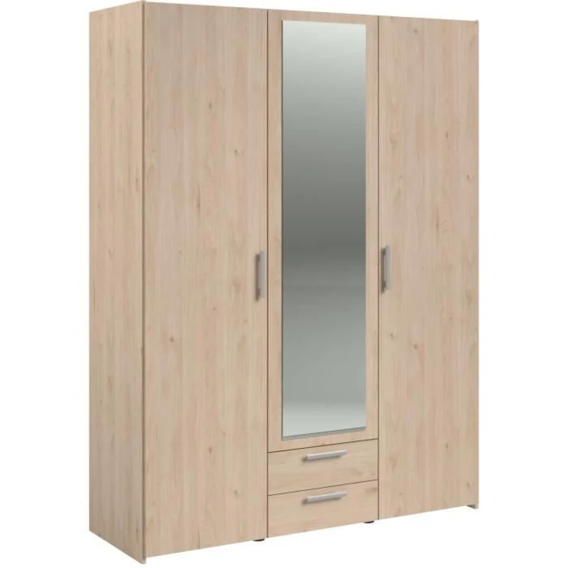 Armoire VARIA - Décor chene - 3 portes  + 2 tiroirs + miroir -  L 150 x H 200 x 51 cm