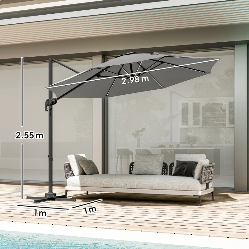 Outsunny 3(m) Adjustable Cantilever Parasol with Base, Solar LED Lights, Light Grey