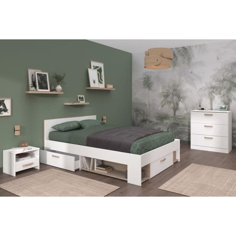 Chambre adulte complète DREAM : lit 140x190/200 cm + 2 chevets + commode - Décor Wit Chambre adulte complète DREAM : lit 140x190/200 cm + 2 chevets + commode - Décor Wit