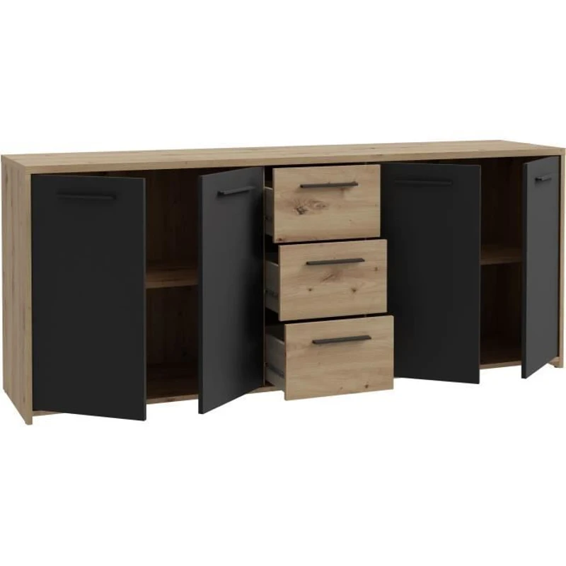 Buffet PILVI - Style contemporain - Particules mélaminé -Décor Chene artisan et Noir- 4 portes + 3 tiroirs - L179,2 x P42 x H74,5