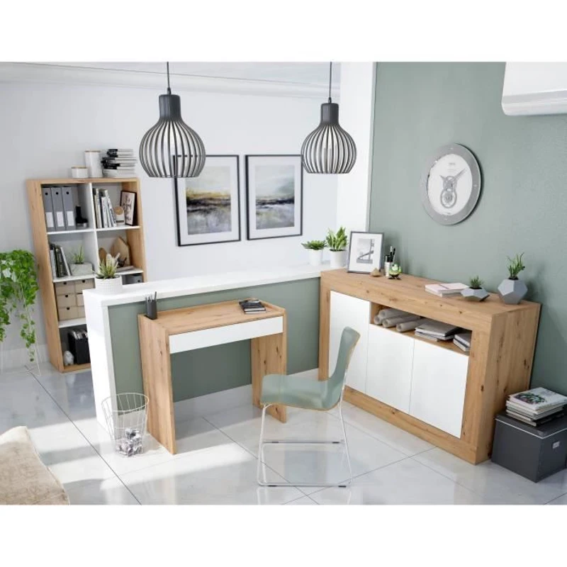 Buffet - BALTIK - Mélaminé 3 portes + 1 niche de rangement - Chene nodi et blanc artik - L 144x P 44 x H 87 cm