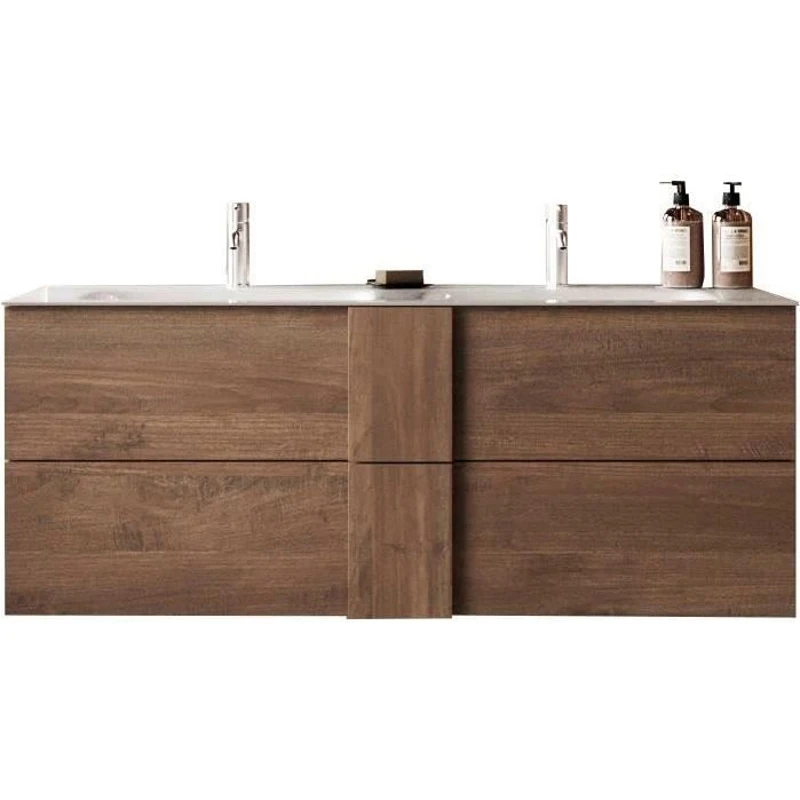 Meuble suspendu double vasque - 2 tiroirs - L120 x H53 x P47cm - Coloris chene mercure - Style scandinave - JUNE
