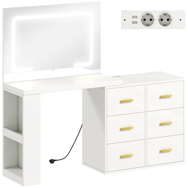 HOMCOM Toeletta da Camera con Specchio e Luci LED Regolabili, 6 Cassetti, 2 Ripiani e Prese Elettriche, Bianco
