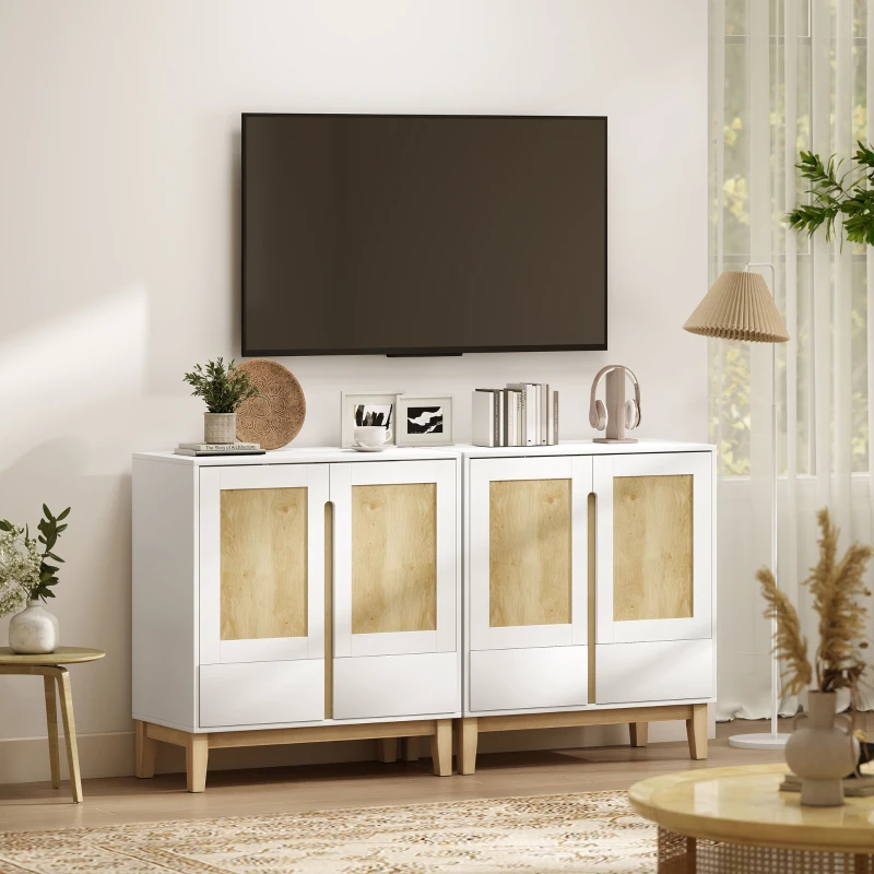 HOMCOM Buffet, Aufbewahrungsmöbel mit 2 Türen, 2 Schubladen und verstellbarem Regal, 80 x 40 x 86 cm, Weiß und Eiche