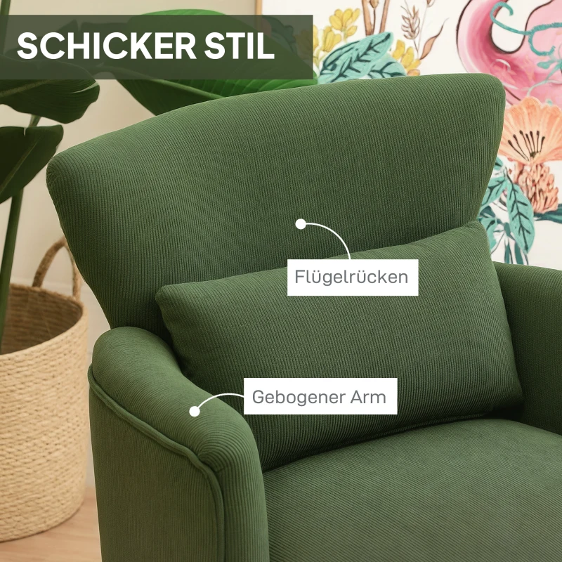 HOMCOM Nowoczesny fotel z podłokietnikami, tapicerowany fotel akcentowy z poduszką lędźwiową, Zielony