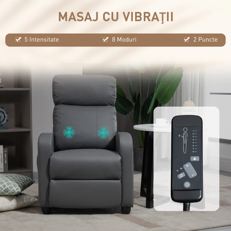 HOMCOM Fotoliu de Masaj cu 8 Moduri și 5 Intensități, Suport pentru Picioare și Telecomandă, 68x88x98 cm, Gri(m-4)
