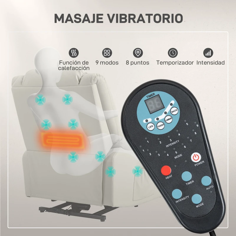 HOMCOM Sillón Levanta Personas Eléctrico con 8 Punto de Masaje Función Calentamiento 2 Controles Remotos y Bolsillo Gris Claro