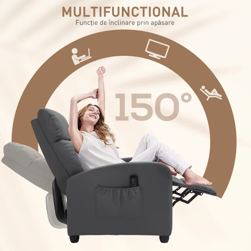 HOMCOM Fotoliu de Masaj cu 8 Moduri și 5 Intensități, Suport pentru Picioare și Telecomandă, 68x88x98 cm, Gri(m-5)