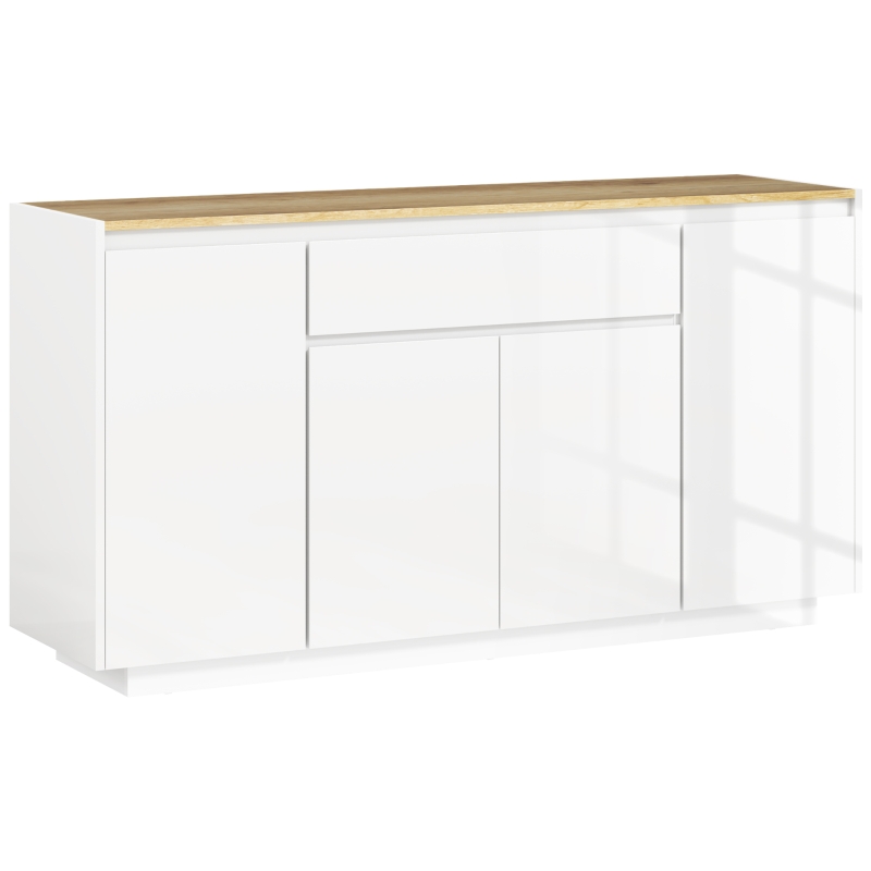 HOMCOM Aparador de Sala de Estar com 4 Portas Gaveta e Prateleiras Ajustáveis 140x40x75 cm Madeira e Branco Brilhante