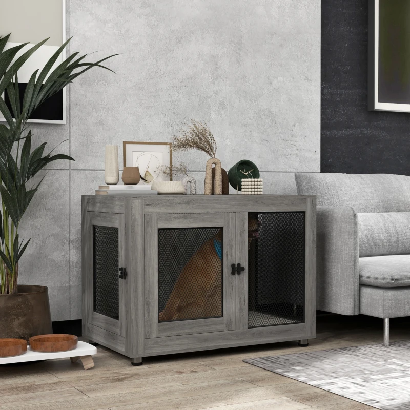 PawHut Hondenbox, Puppybox, met Opbergruimte, Waterafstotend Kussen, Staaltralies, Verstelbare Voeten, 94x60x71,5 cm(m-10)