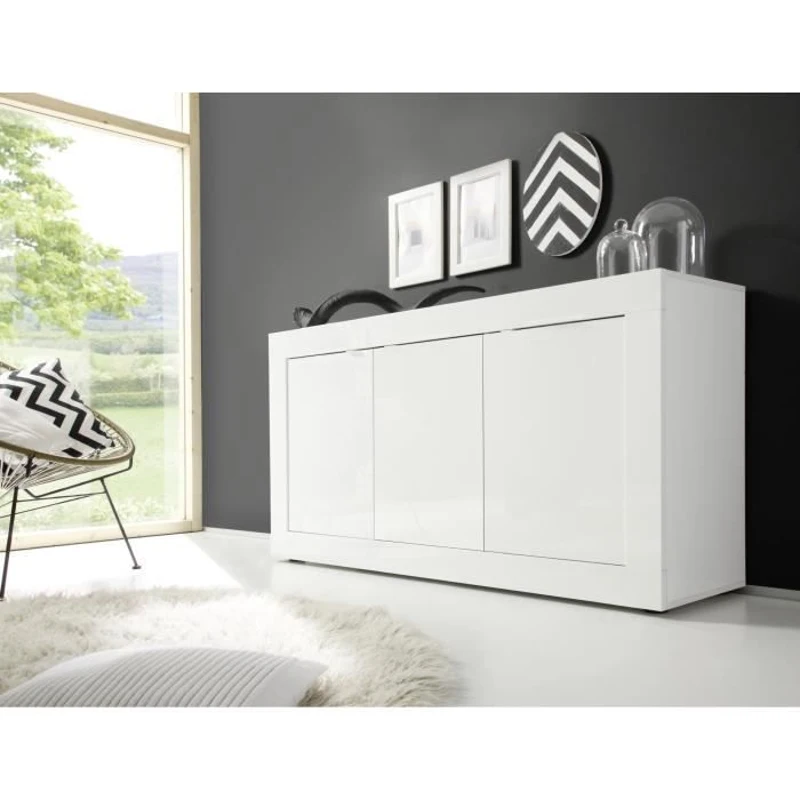 Buffet BASICO - Décor blanc laqué brillant - 3 Portes - L160 x P42 x H85,8 cm