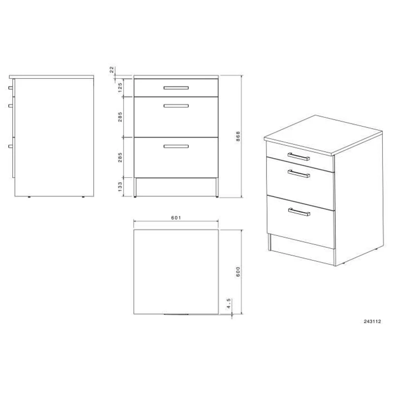 OSLO Meuble Bas 3 tiroirs + plan - Décor blanc - L 60 x P 60 x H 86 cm
