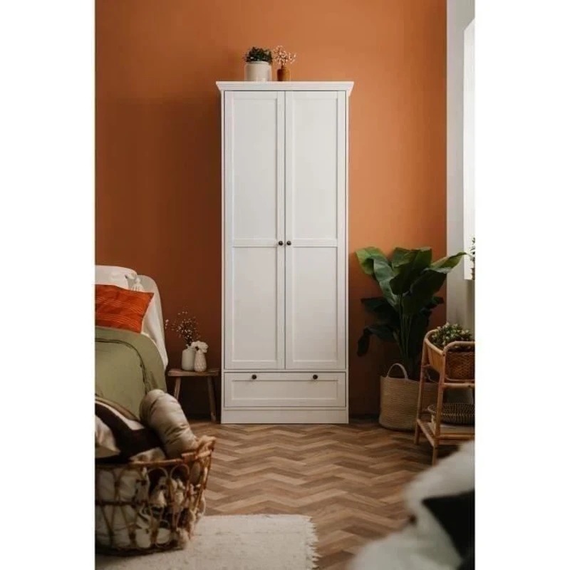 Armoire Landwood - Décor Blanc Mat - 2 Portes - 1 Tiroir - L80 x P39 x H200 cm