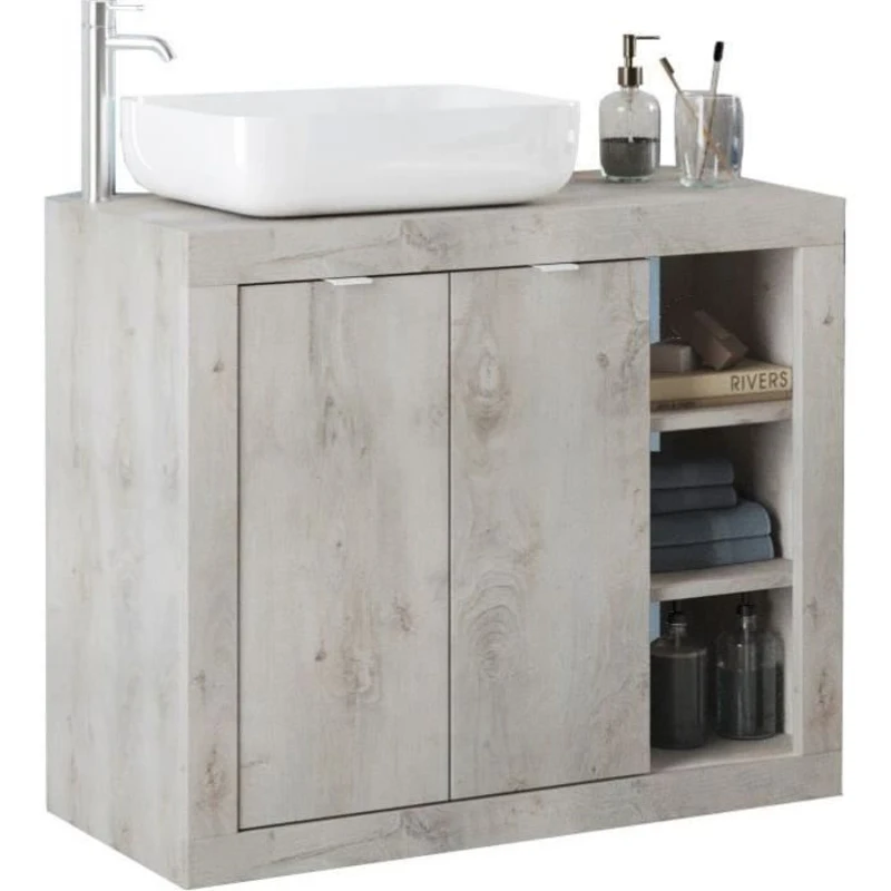 Meuble simple vasque - 2 Portes + 3 niches  - L 92 x P47 x H 90cm - effet chene pin clair