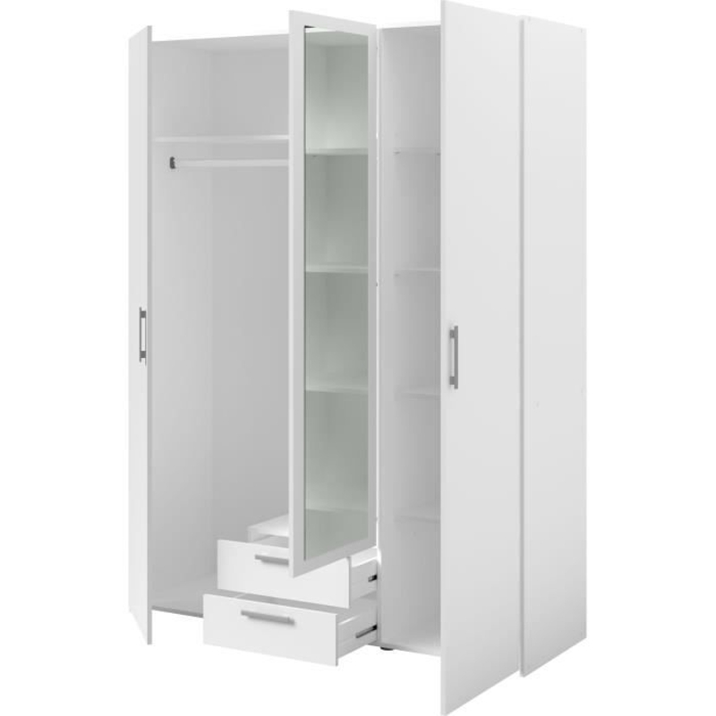 Armoire VARIA - Décor blanc - 3 portes  + 2 tiroirs + miroir - L 150 x H 200 x 51 cm