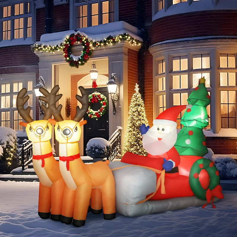 Outsunny Babbo Natale su slitta trainata da renne gonfiabile, in tessuto in poliestere, con luci LED, Multicolore