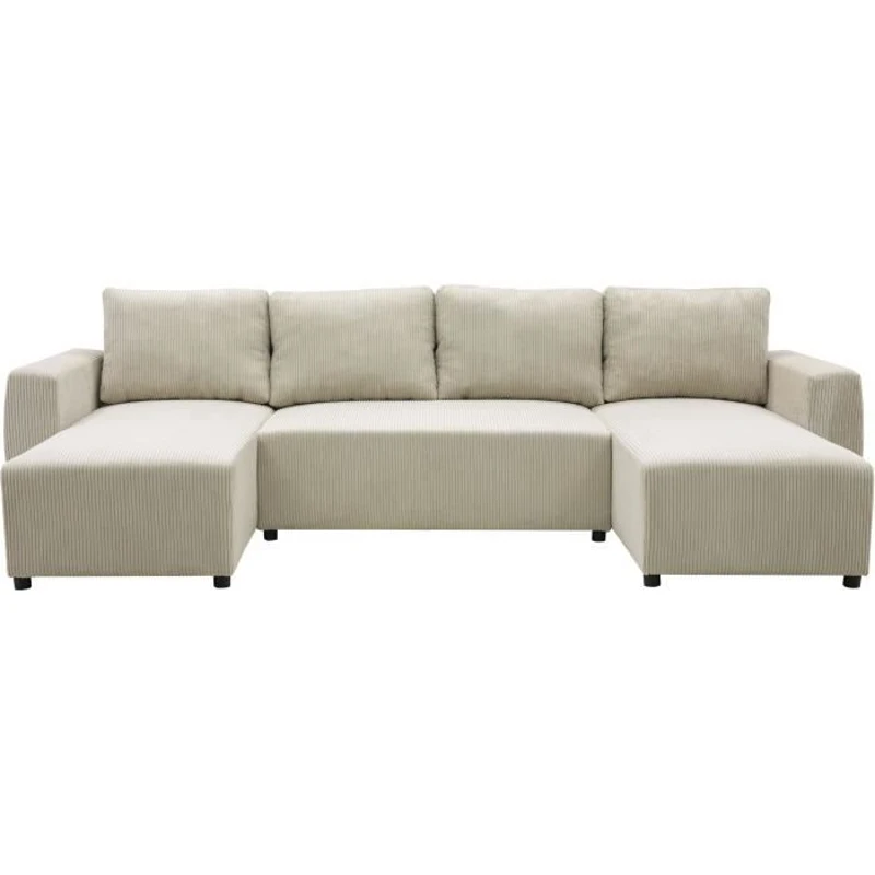 Canapé convertible panoramique PHARELL 7 places - Velours côtelé beige - Coffre de rangement - L297 x P155 x H85