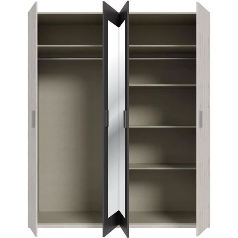 Armoire de chambre - ADRIA - Décor Chene cendré / Gris foncé - 4 portes battantes - 2 miroirs - L177,5 x P54,2 x H210,5 cm