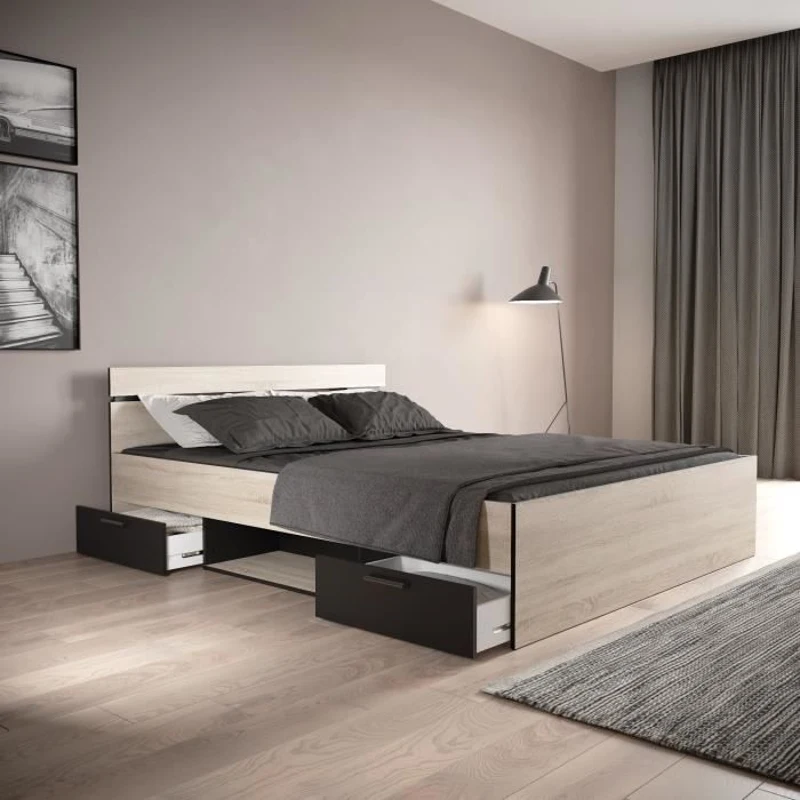 Lit double - DEMEYERE - MICHIGAN - 160 x 200 cm - Chene brossé et noir - 2 tiroirs et 1 niche
