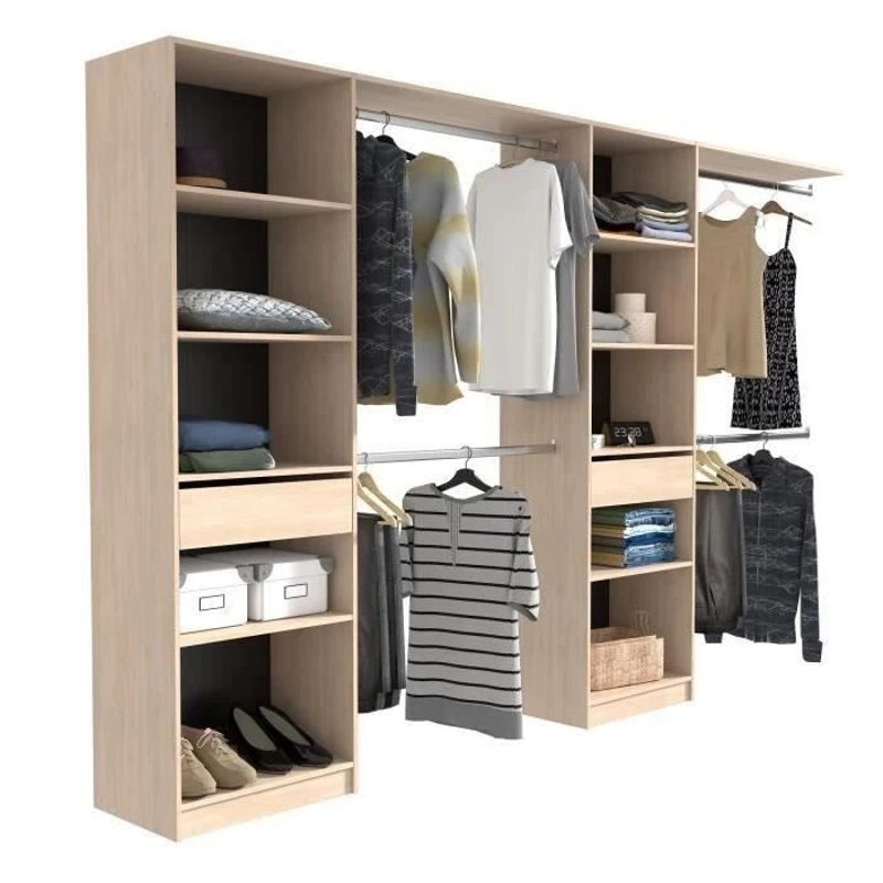 EKIPA Dressing extensible - 2 colonnes avec 2 tiroirs et 10 étageres + 4 penderies - Décor chene - L 320 x P 40 x H 200 cm - DUO