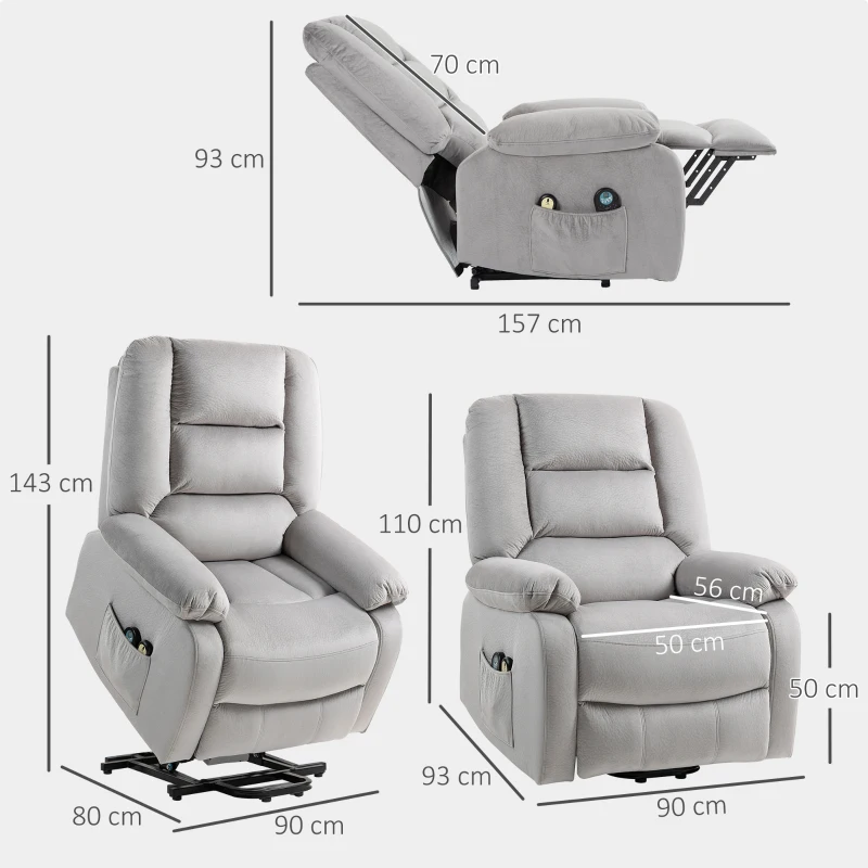 HOMCOM Sillón para personas mayores con función de masaje, 90x93x110cm, Gris claro