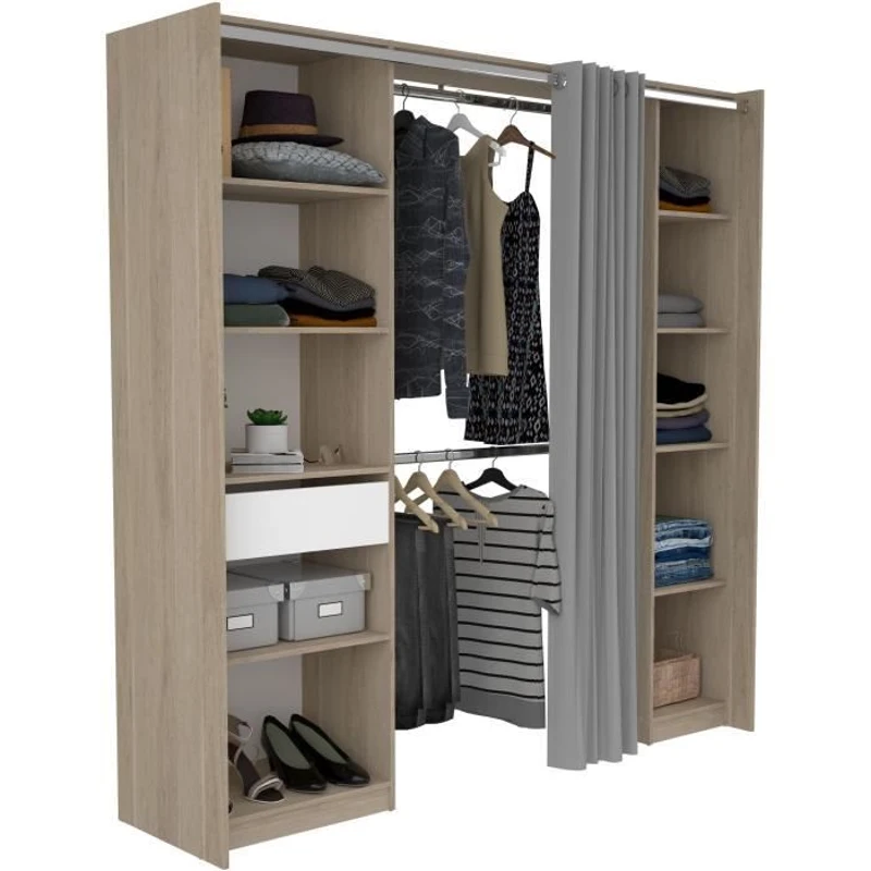 EKIPA - Kit Dressing - 2 Colonnes - 1 tiroirs - 10 étageres - Décor Chene dakota blanc - 198 x 200,3 x 50 cm - GARANCE