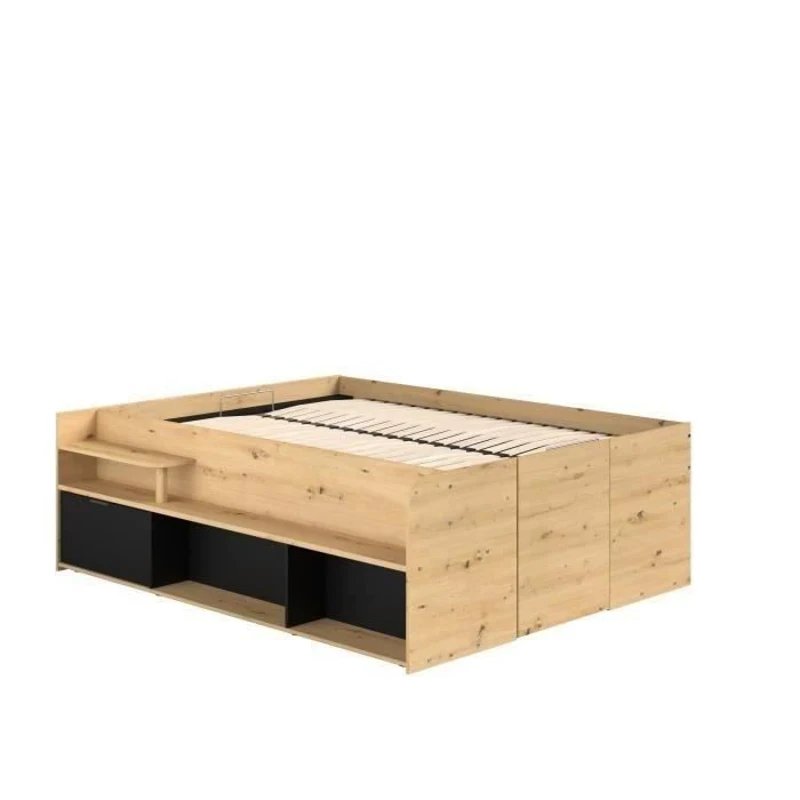 ODYSSEE Lit coffre adulte - 140x190 / 200 cm - Avec coffre relevable - Décor chene et noir - 166,2 x 66,5 x 205,8 cm
