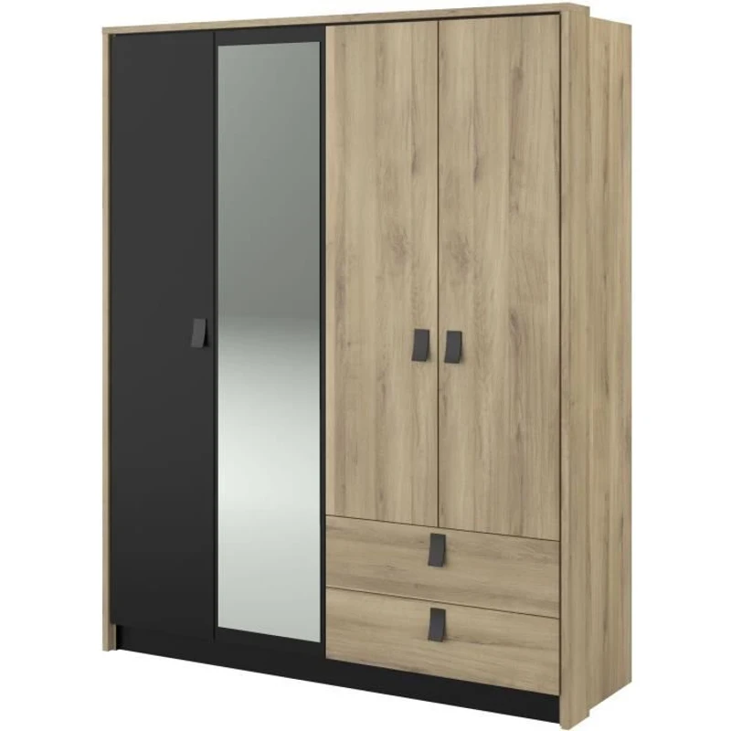 Armoire - Chene / Noir - 4 portes 2 tiroirs - 162 x 52,1 x 199,2 cm - PARISOT