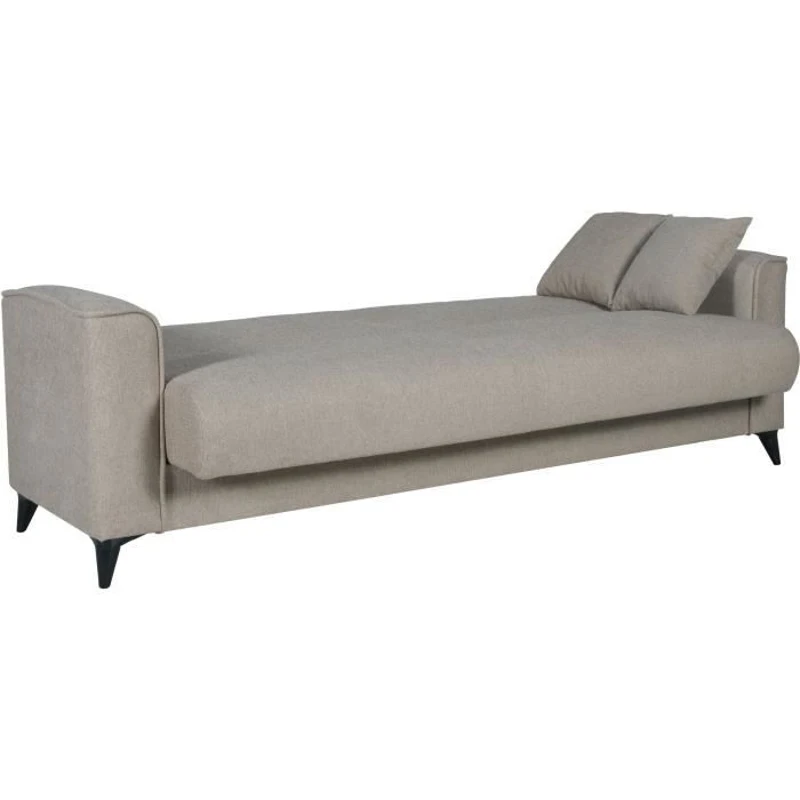 Canapé convertible 3 places - BERGAMO - Tissu beige - 2 coussins - coffre de rangement -  230 x 85 x 89 cm