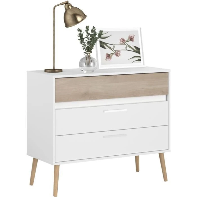 Chambre complete - AALBORG - Scandinave - Blanc / Chene - Lit 160 x 200 cm, 2 chevets, commode, armoire - PARISOT